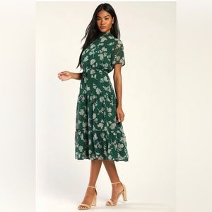 Lulus Floral Dressed Up Dark Green Floral Print Midi Dress